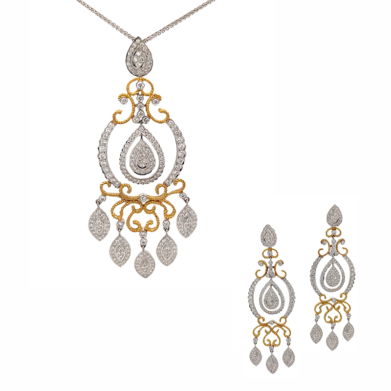 18K Two Tone Gold Diamond Pendant Set